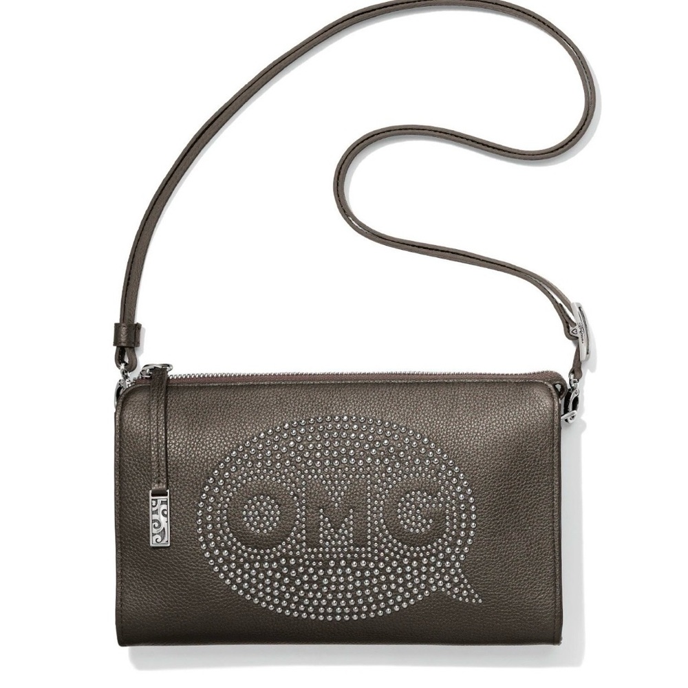 Brighton OMG Leather brown  Stud Pewter Metallic Crossbody Bag EUC MSRP:$190